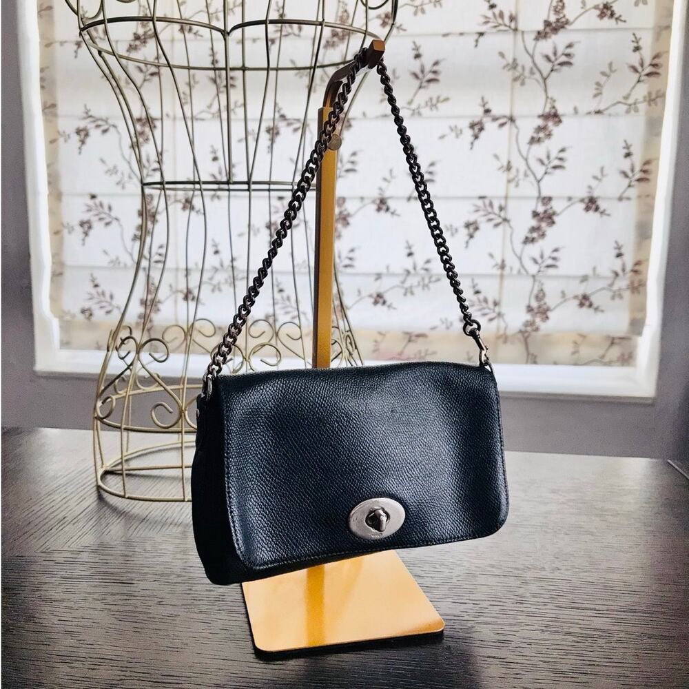 Coach F34604 Black Pebbled Leather Turnlock Chain Crossbody Shoulder Bag